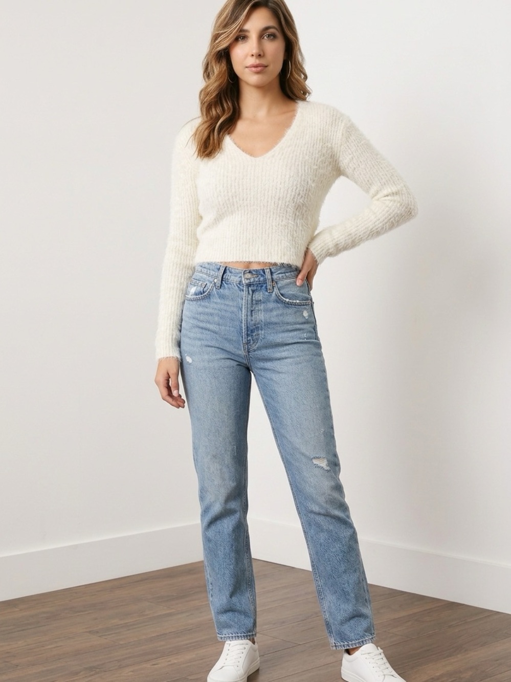 ASTR Cream Fuzzy Ribbed Knit Pullover